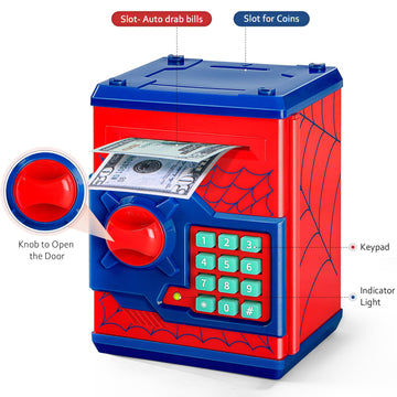 Atm Piggy Bank For Boys Girls, Vcertcpl Mini Atm Coin Bank Money Saving Box With Password, Kids Safe Money Jar For Adults With Auto Grab Bill Slot, Great Gift Toy Bank For Kids S Red