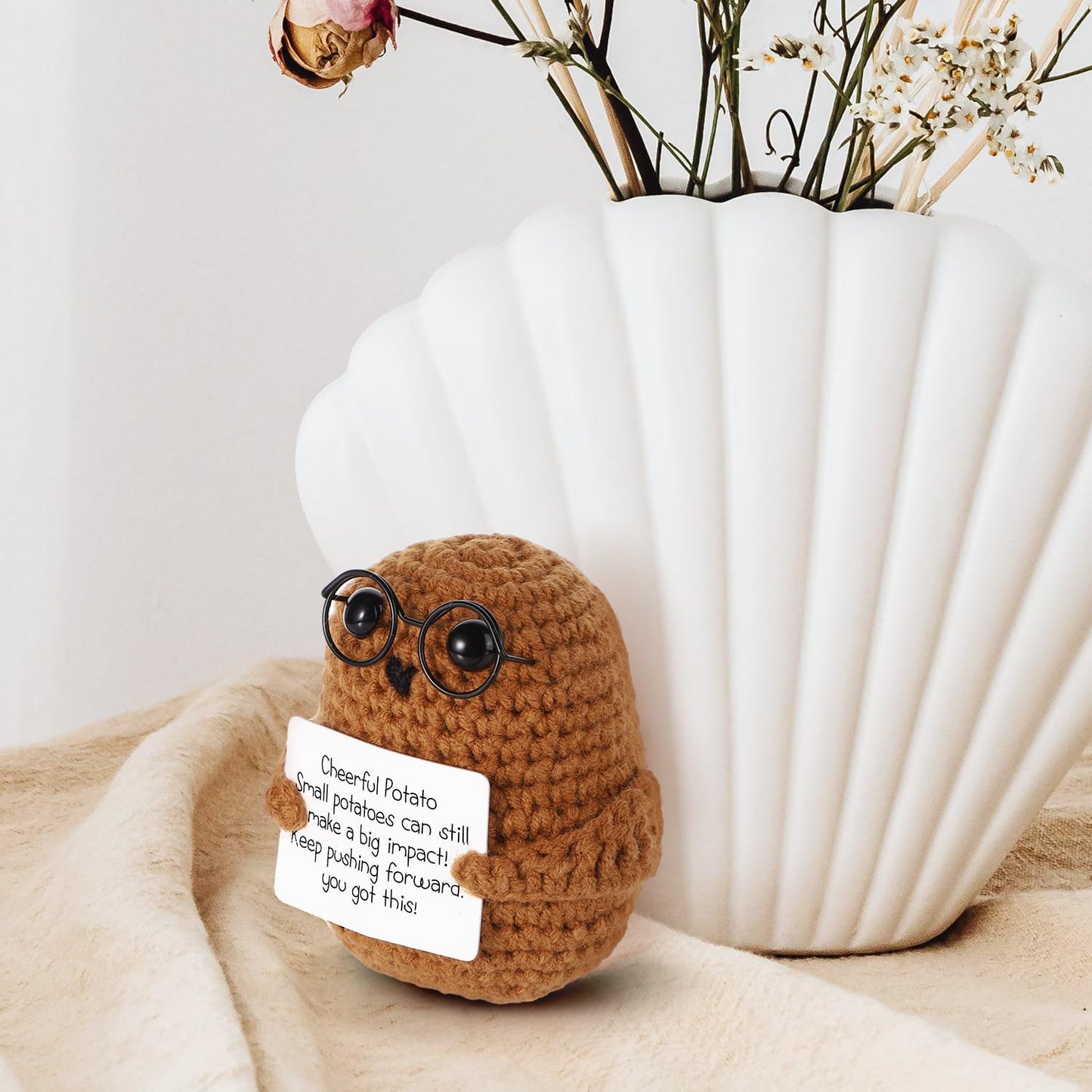 Boxob Positive Potato, 2.95 Inch Cheerful Potato Gifts With Positive Card Cute Glasses Knitted Potato Doll For New Year Gift Birthday Gifts Friends Christmas Party Decoration