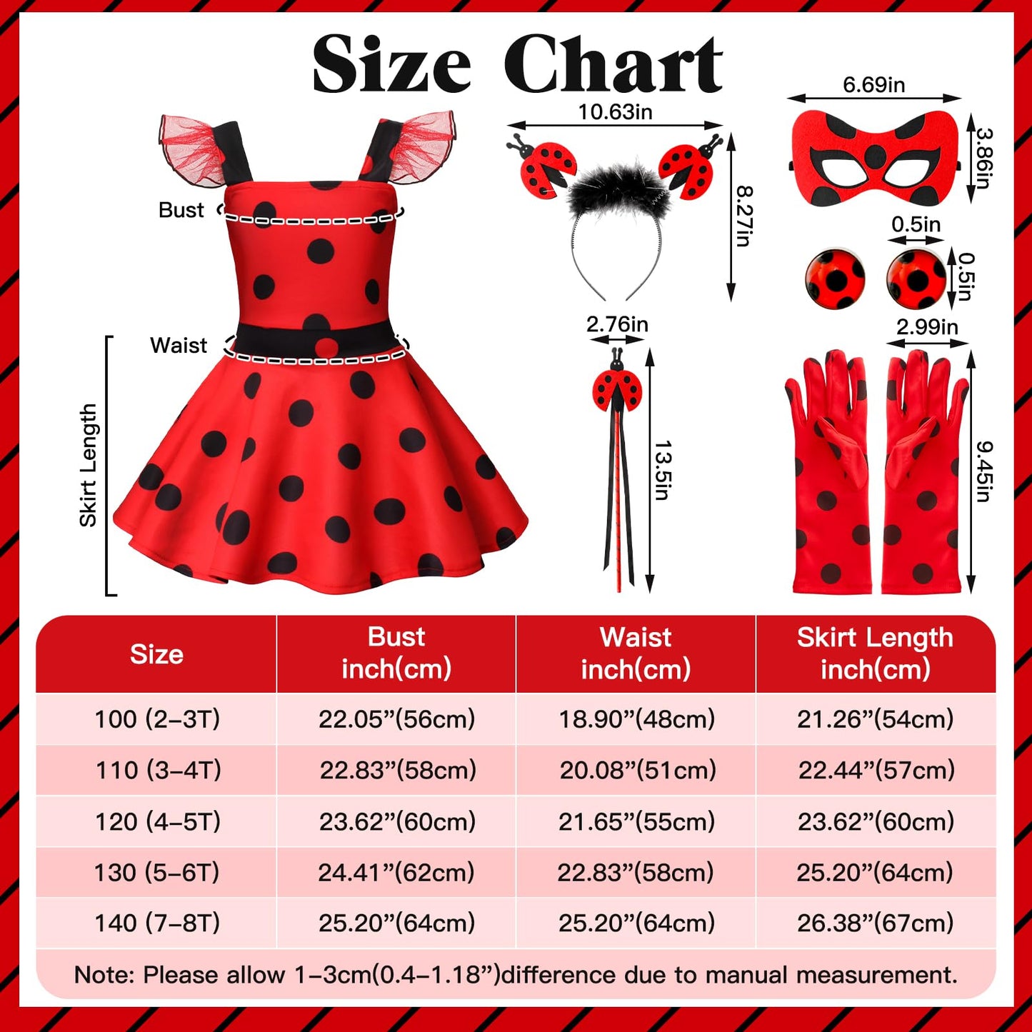 Girls Costume Polka Dots Dress Up Carnival Costume Birthday Outfit Christmas Party Cosplay Mask Gloves Headdress For Kids 110