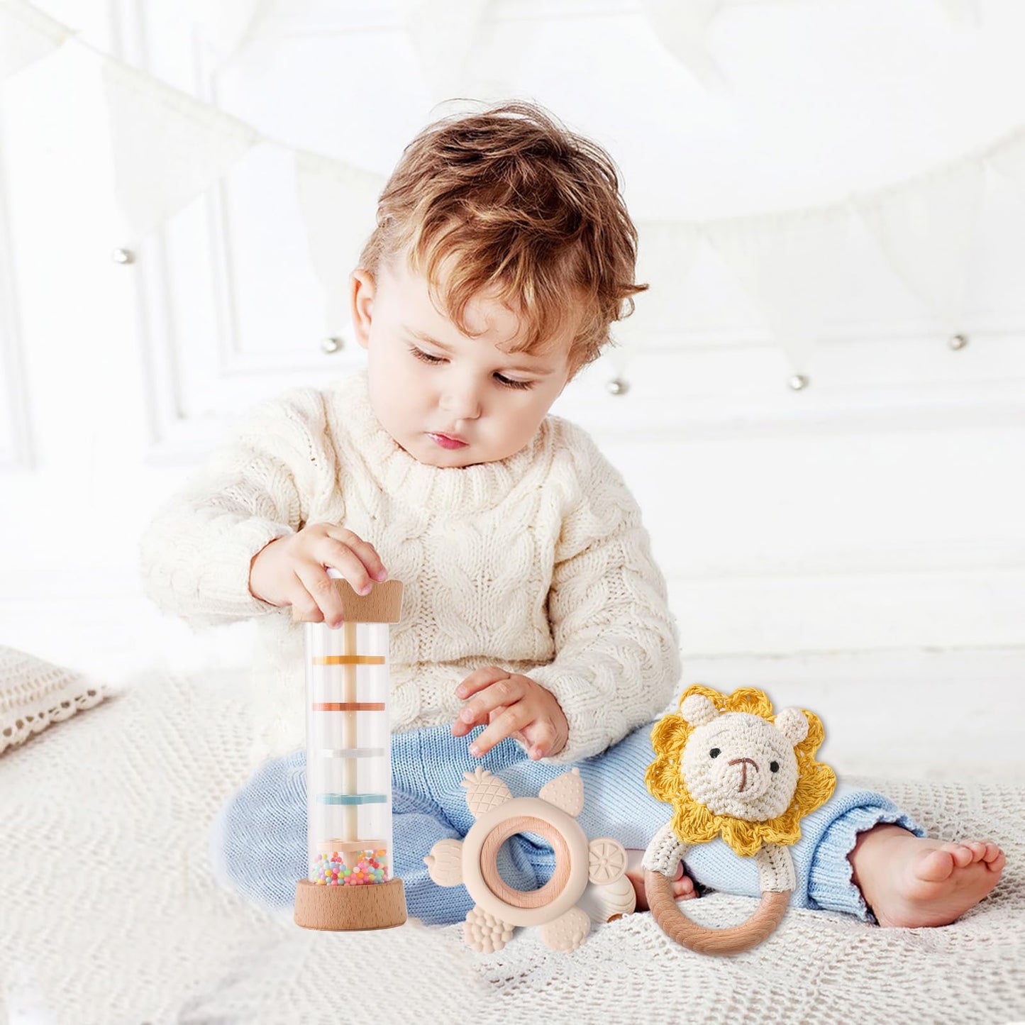 Youuys Wooden Baby Rattle Set (3pcs) - Crochet Rattle Rain Stick Teething Toys, Wooden Montessori Toy for Newborn Infant Baby Ra