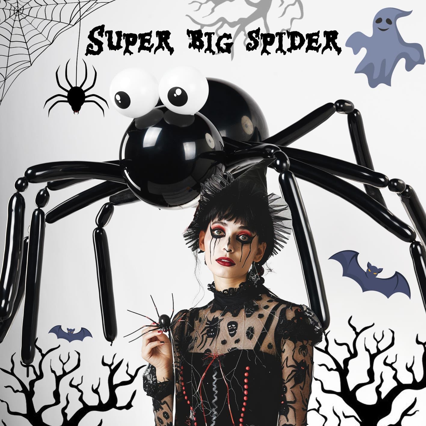 Halloween Balloon Garland Arch Kit, 133pcs Orange and Black with Spider Web Bat Ghost Pumpkin Eyes, Long Balloons for Halloween