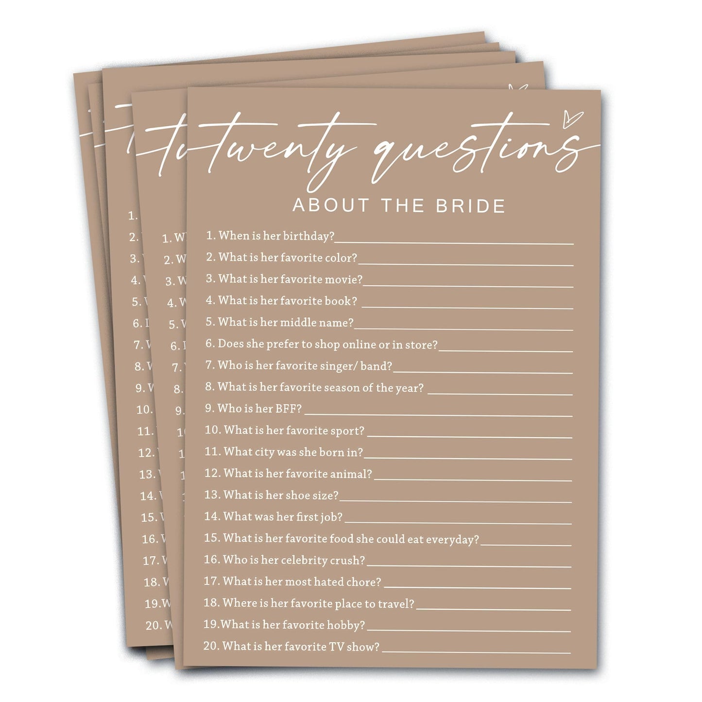 Wybgno Bridal Shower Games Cards, Twenty Questions about The Bride, Engagement Party Wedding Games for 25 Guests, Minimalist Bro
