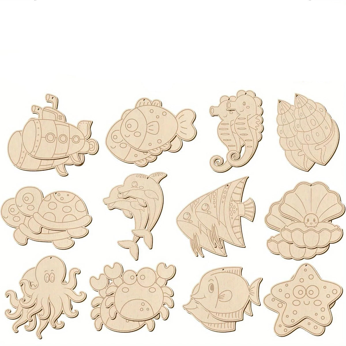 Cliths 12 Pcs Wooden Undersea Theme Diy Craft For Kids Adults Unfinished Pine Mdf Hanging Ornaments Diy Painting Set For Room De