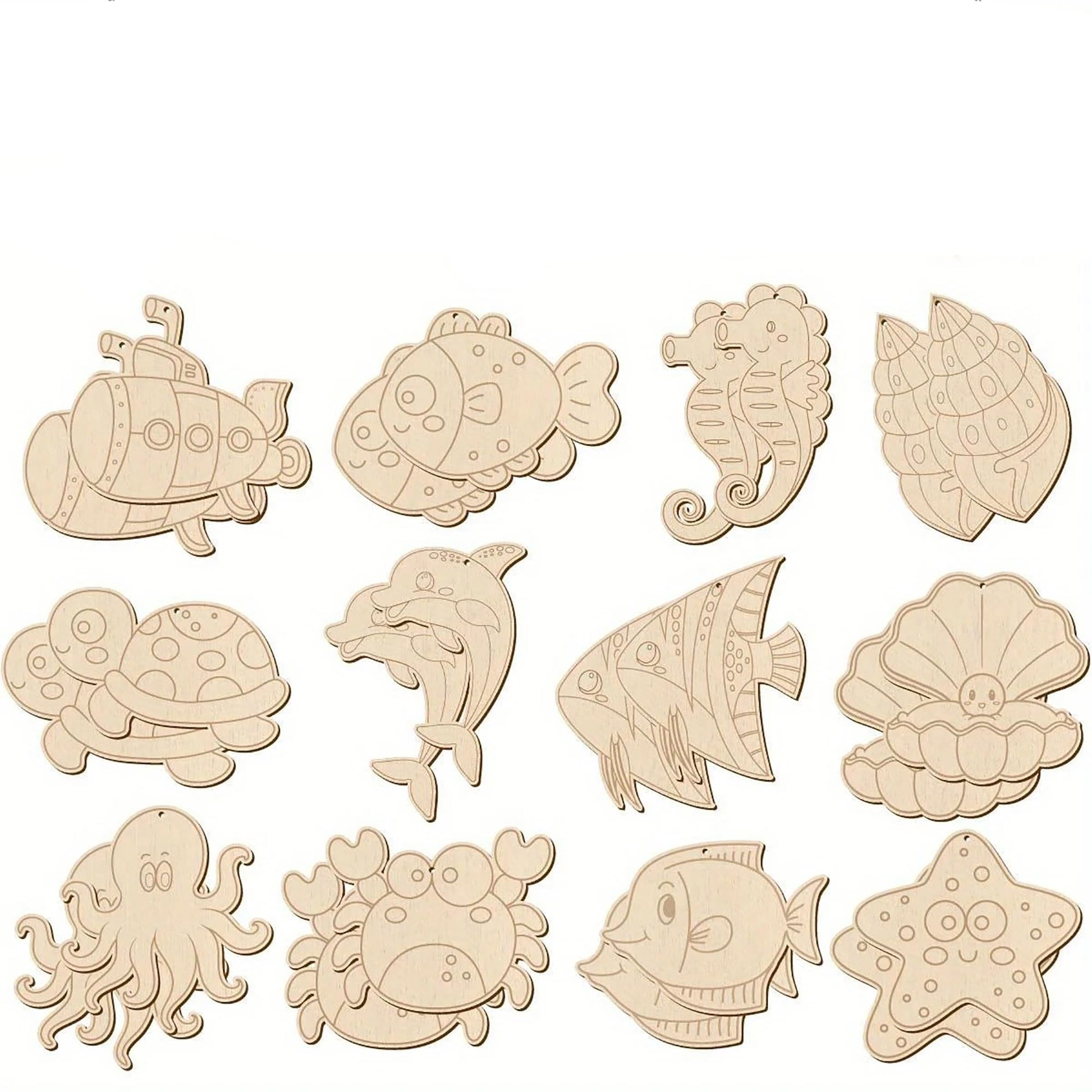 Cliths 12 Pcs Wooden Undersea Theme Diy Craft For Kids Adults Unfinished Pine Mdf Hanging Ornaments Diy Painting Set For Room De