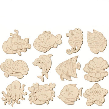 Cliths 12 Pcs Wooden Undersea Theme Diy Craft For Kids Adults Unfinished Pine Mdf Hanging Ornaments Diy Painting Set For Room De