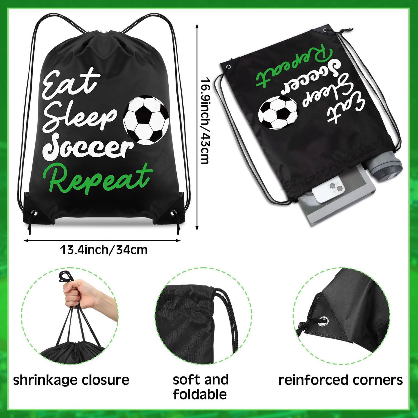 MiniInflat 96 Pcs Soccer Party Favors Include 24 Soccer Drawstring Bags, 24 Soccer Keychain, 24 Silicone Soccer Bracelets, 24 Mi