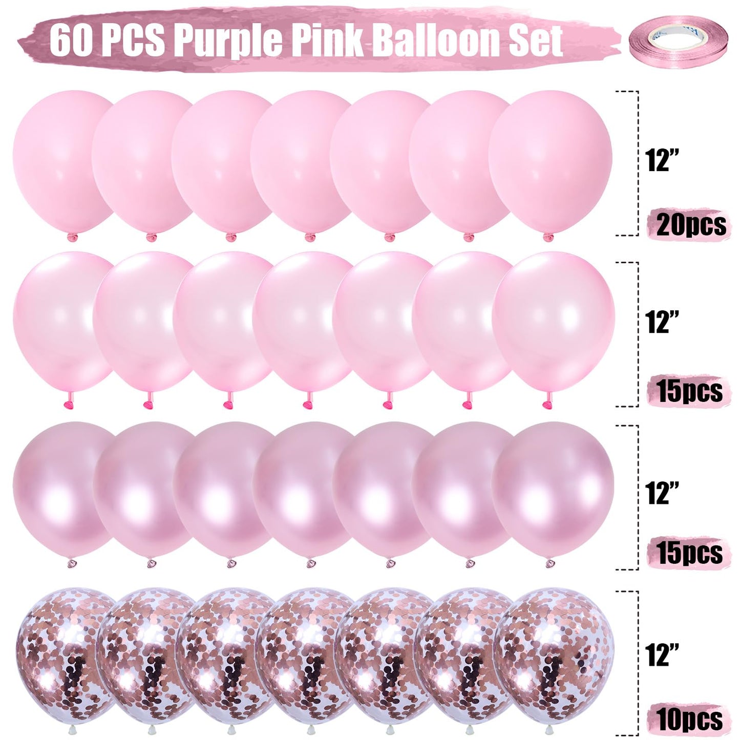 Pink Balloons, 60 Pcs Light Pink Pastel Pink Set With Rose Gold Confetti Metallic Pink Balloons, Pearl Pink Macaron Pink Balloon
