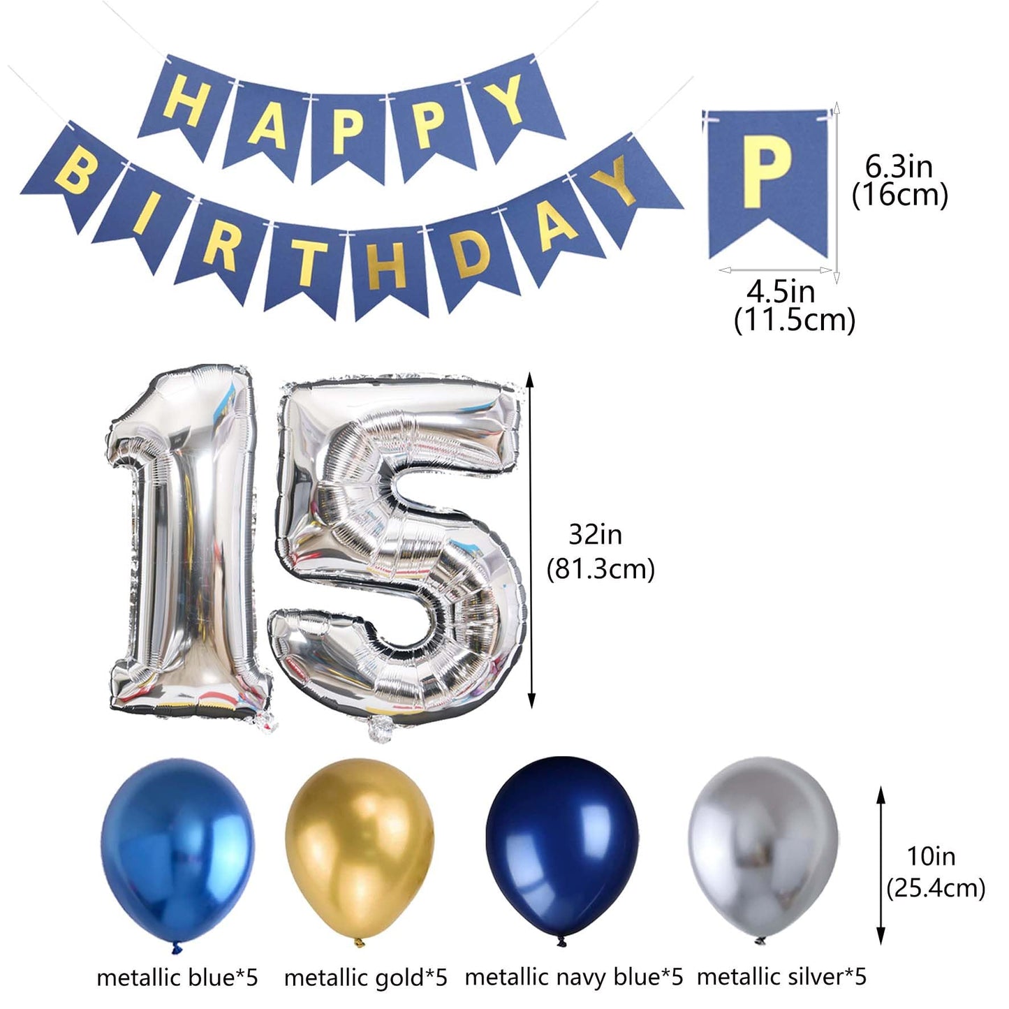 15Th Birthday Party Decoration For Boys, Happy Birthday Banner Blue Number 15 Birthday Balloons Metallic Silver Blue Gold Latex