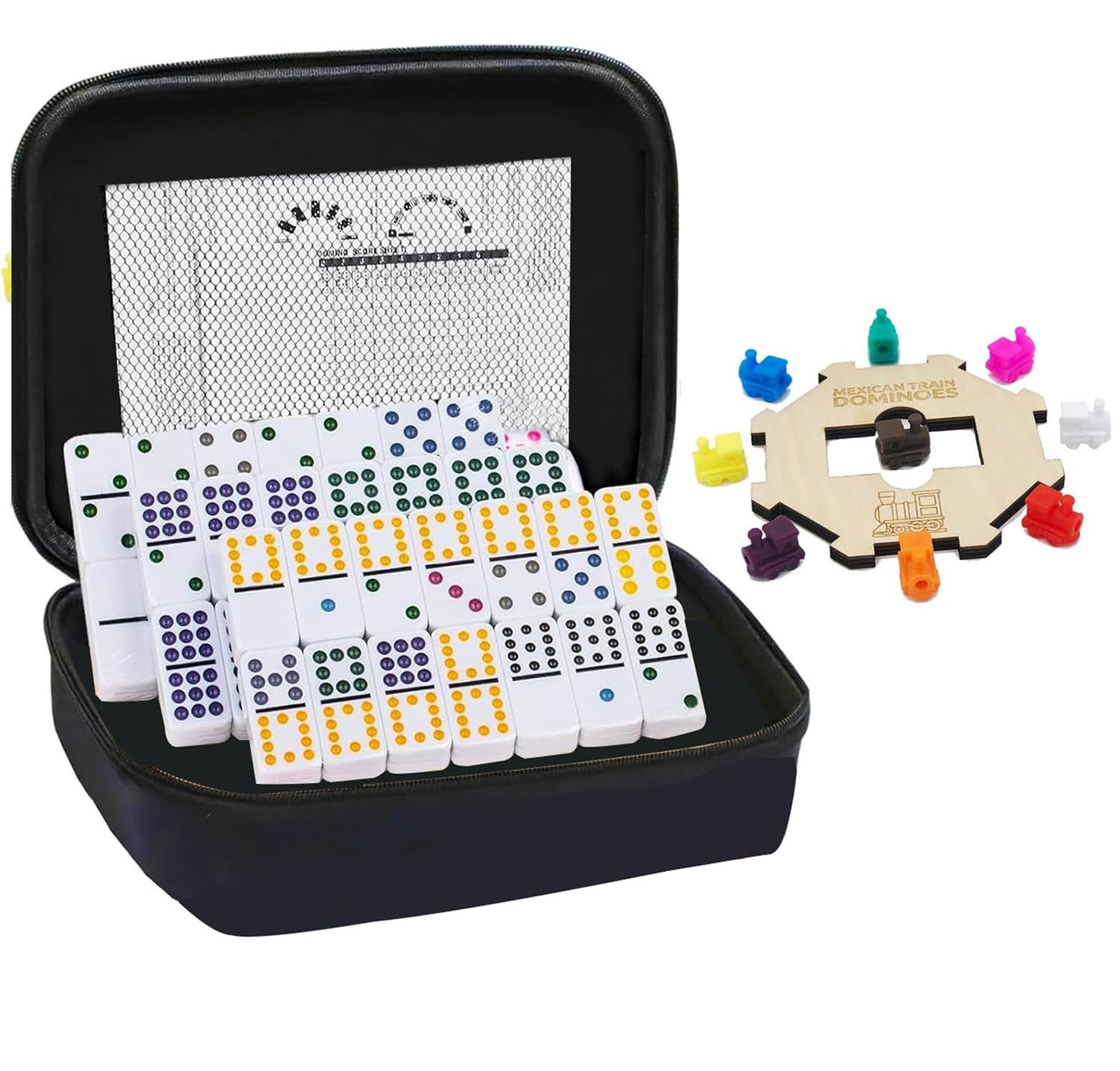 ESSAJOY Double 12 Mexican Train Dominoes, 91 Tiles Dot Dominoes Games in Portable Case with 9 Trains Instruction Booklet Score P