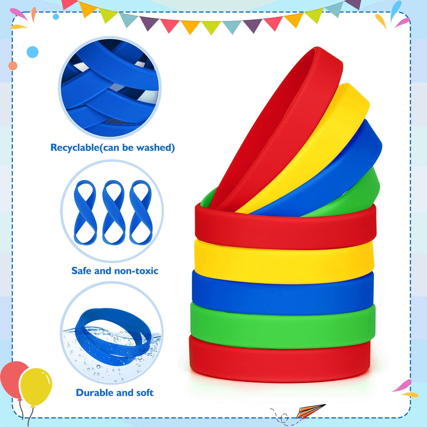 THXIY 100PCS Silicone Rubber Bracelet Bracelets Wristbands Wrist Bands for Kids Youth Teens Boys Gilrs, Children's Bulk Bracelet