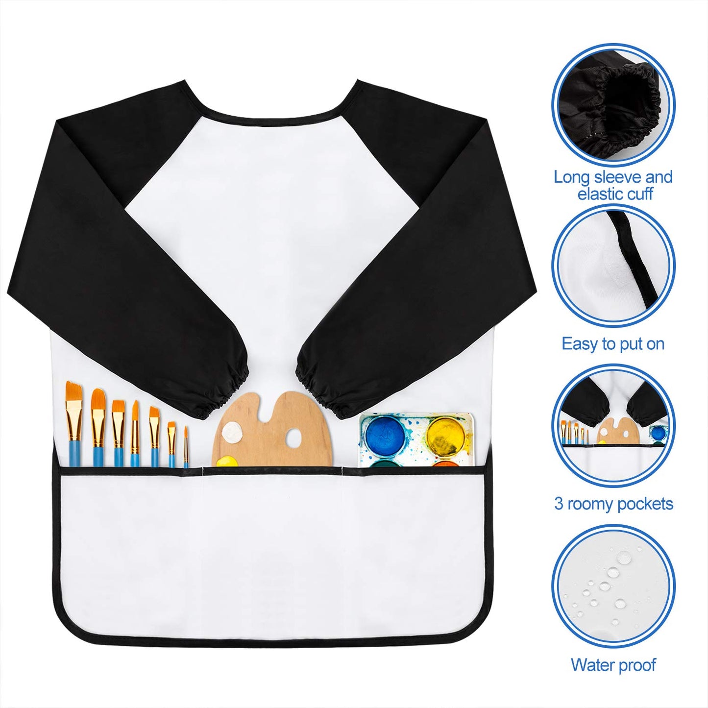 Godr7Oy Kids Art Smocks, Painting Apron Artist Smock With Sleeve And 3 Pockets 2 Pack Black/White Set For Age 2-6 Years (Small)