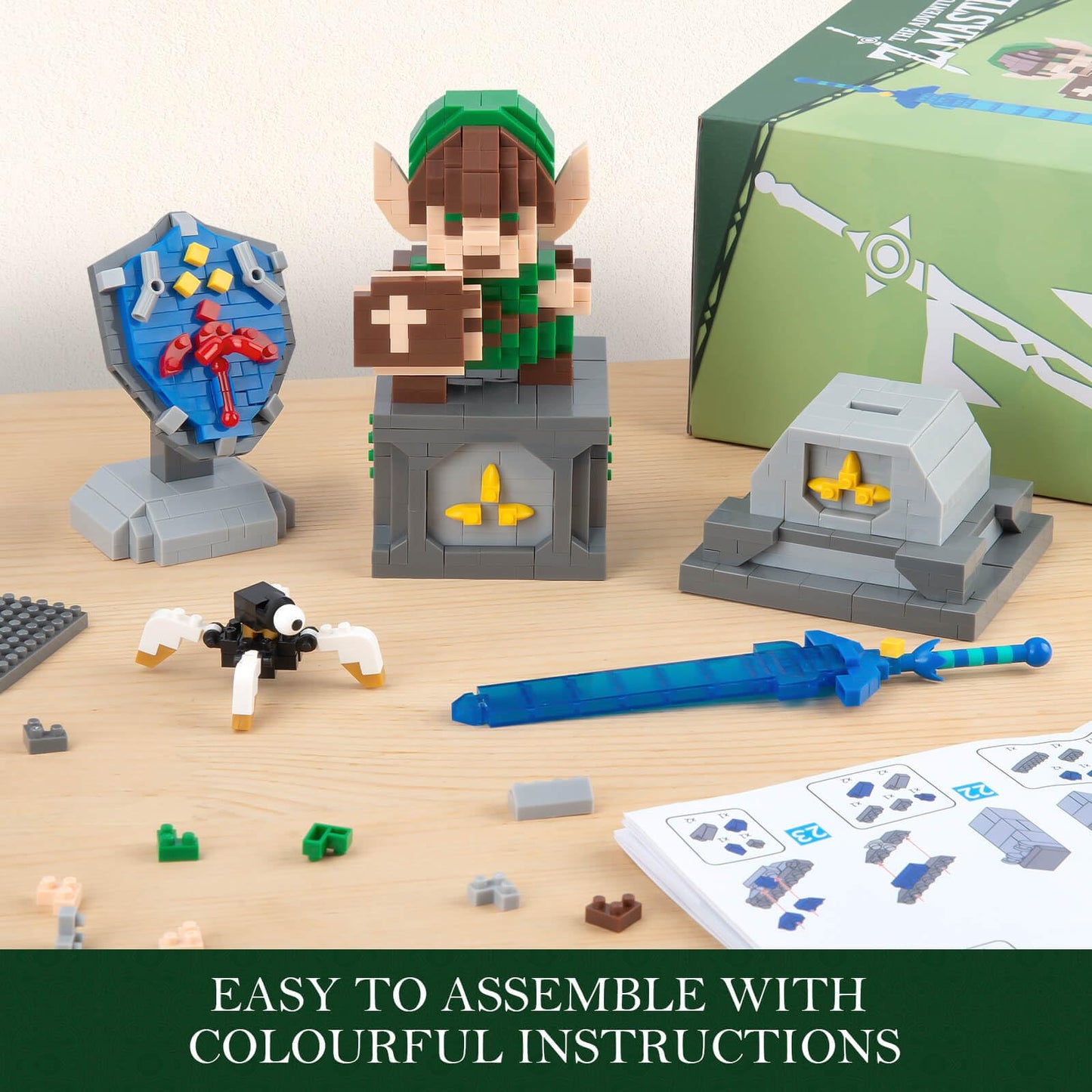 Finger Rock 4-in-1 Link Building Set, Master Sword & Hylian Shield, 1200 PCS, Green, Plastic, 3"x2"x4.02" - Game Action Figure