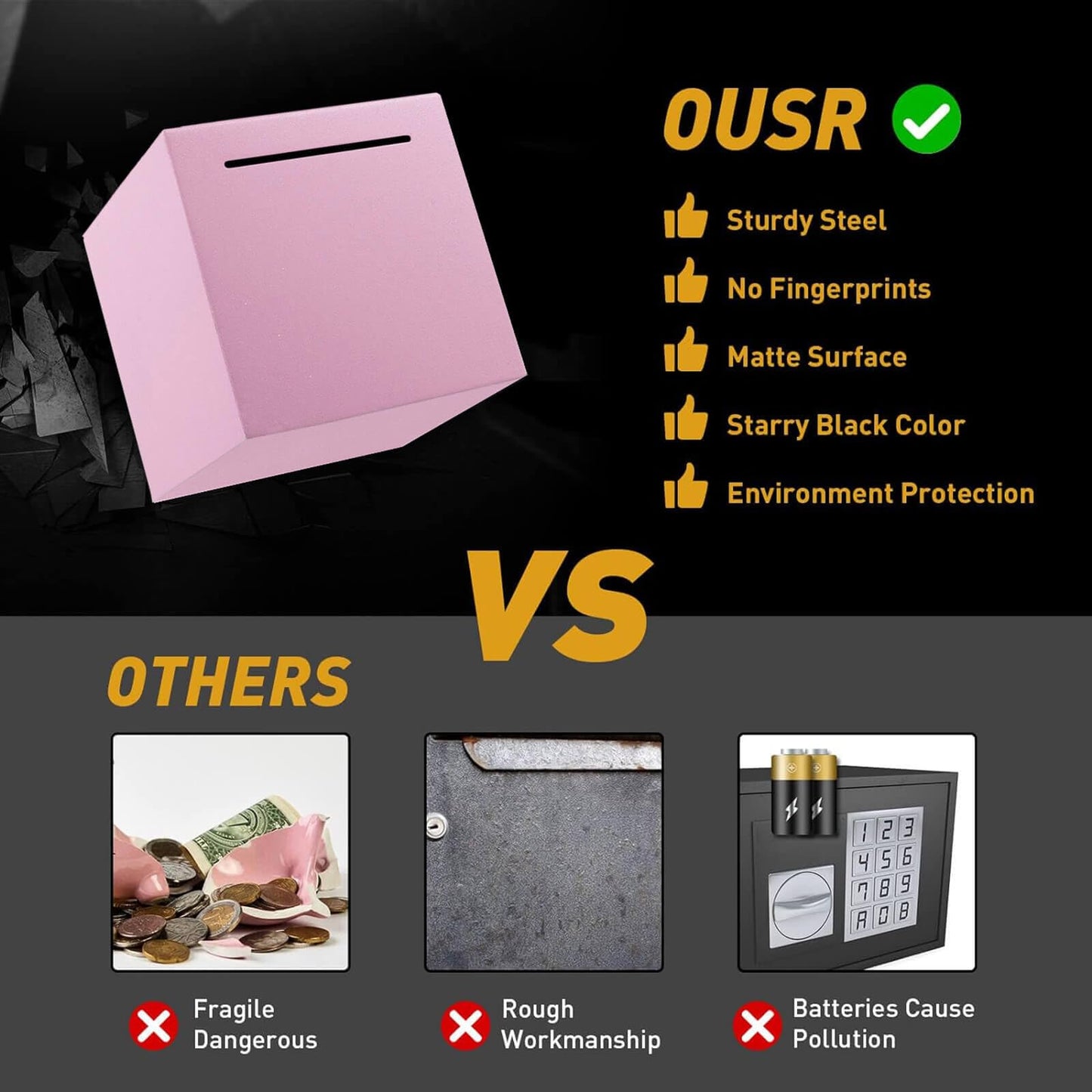 Adults Safe Piggy Bank Made Of Stainless Steel,Can Only Save The Piggy Bank That Cannot Be Taken Out (Pink, 4.72In)