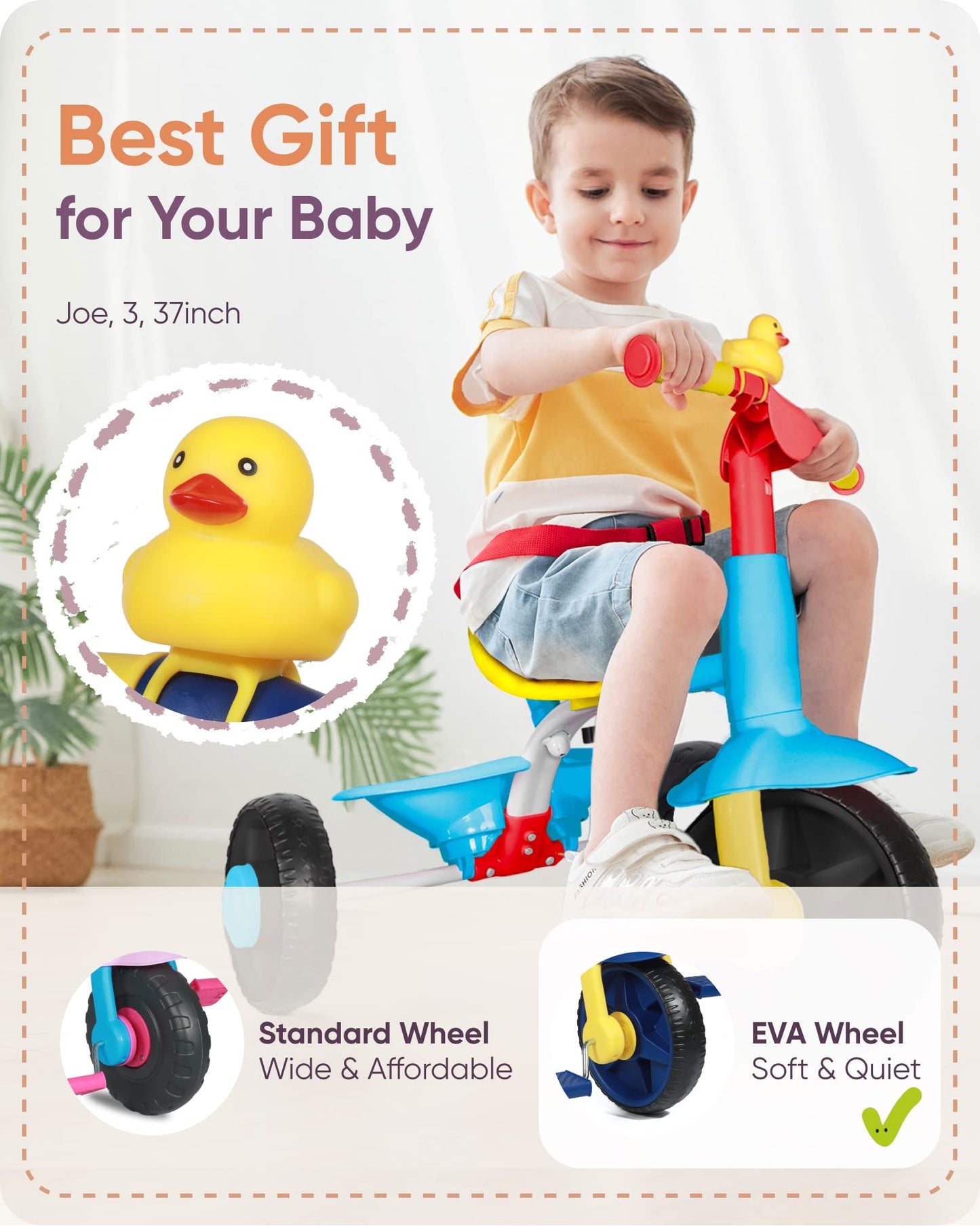 KRIDDO 2 in 1 Kids Tricycle for Ages 18 Months to 3 Years, Carbon Steel, EVA Wheel, Classic Color, Model TC005