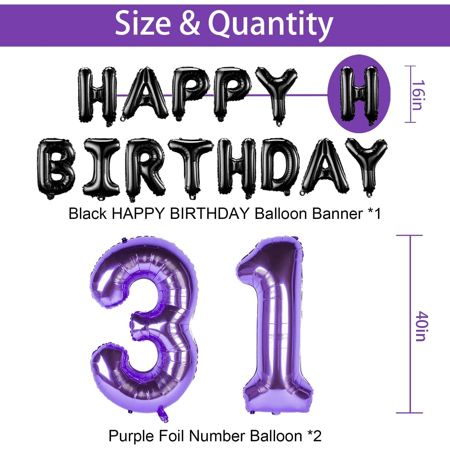 Naninuneno 31St Birthday Decorations Set For Girl Women Boy Men,Purple Black 31 Happy Birthday Balloons Supplies With Purple Num