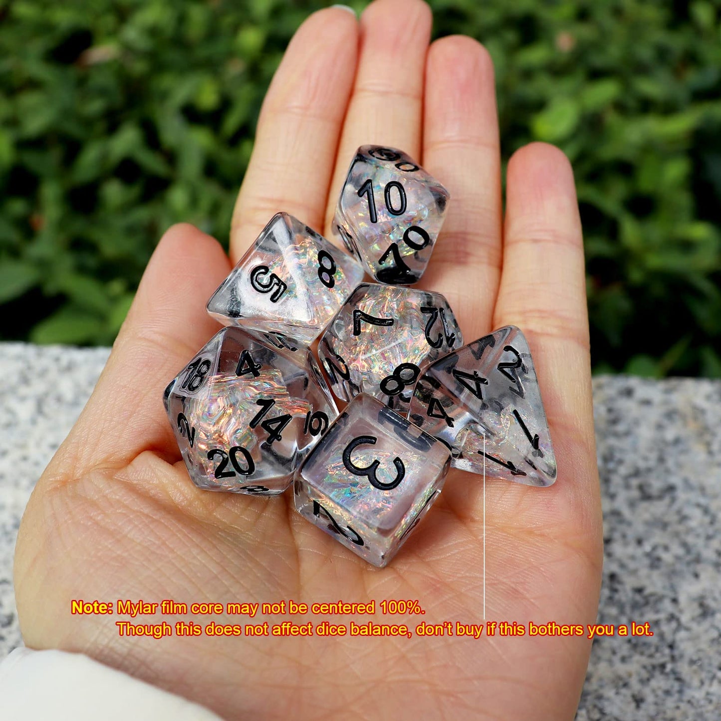 Haxtec Clear DND Dice Set 7PCS Filled Resin Polyhedral D&D Dice W/Iridescent Rainbow Mylar Inclusion for Roleplaying Games Dunge