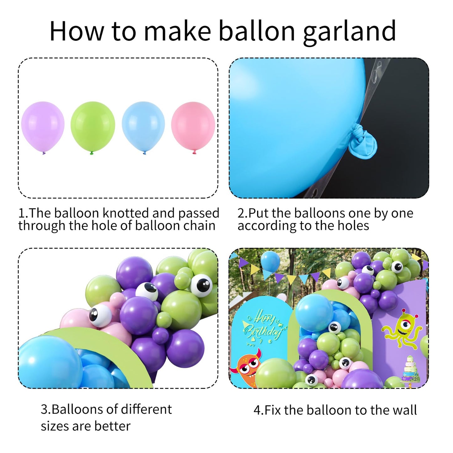 Wpensky Monster Balloons Arch Kit - Rubber Balloon Decoration for Monster Theme Party - Pink, Green, Blue, Purple