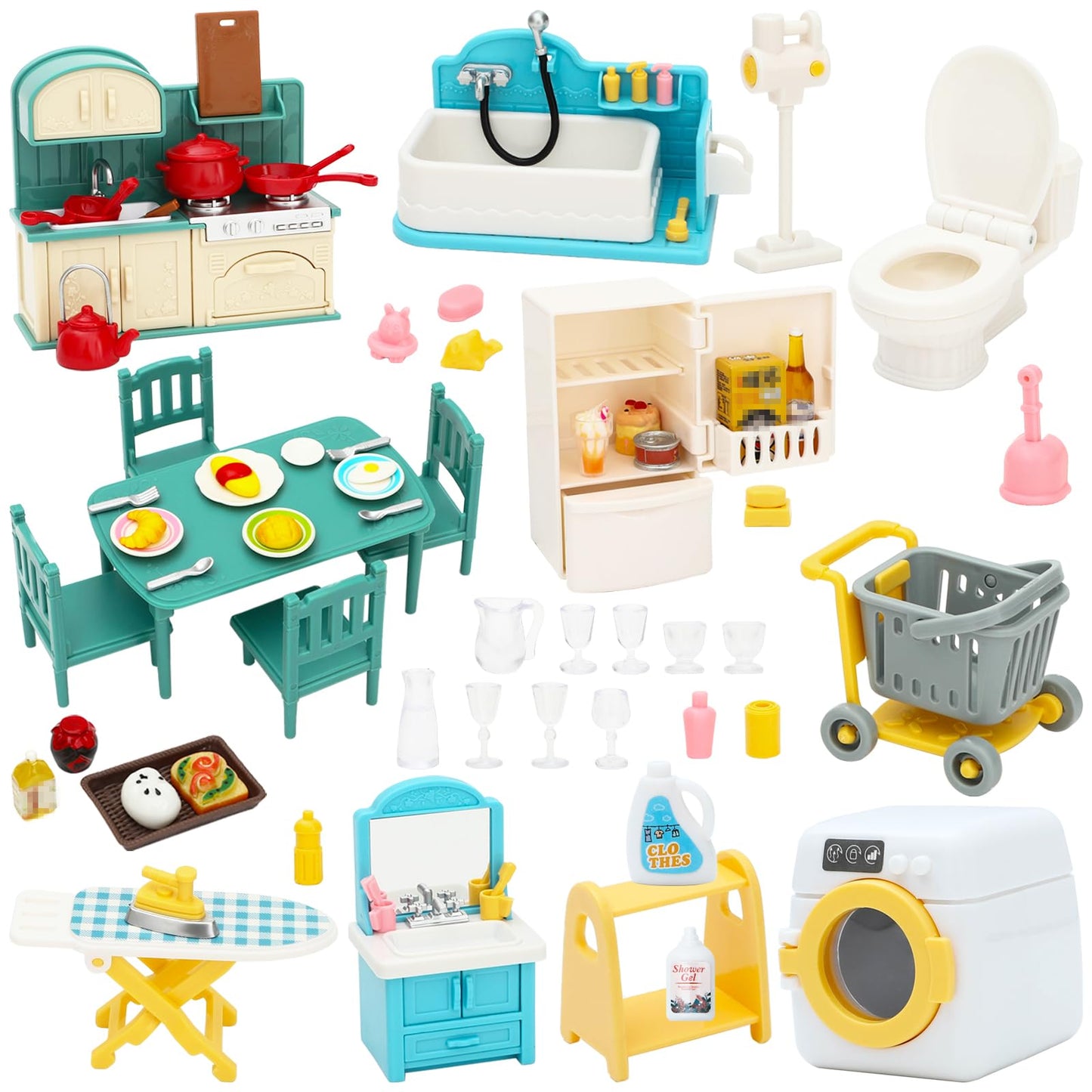 Onest 84 Pieces Dollhouse Furniture Set Mini House Accessories With Bathroom Kitchen Dining Room Laundry Room Miniature 1:12 Furniture Accessories Model For Kids