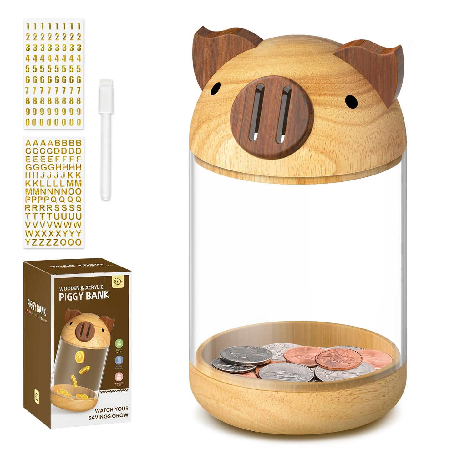 Hizgo Wooden Piggy Bank For Kids Adults, Clear Savings Jar For Boys And Girls, Unbreakable Money Coin Bank For Kids Birthday