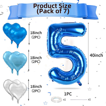 Biapian 40 Inch Blue Number 5 Balloons, Large Number 5 Balloon With 18'' Dark Blue And Silver Foil Heart Shape Balloons Helium F