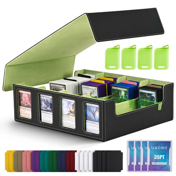 Uaono Trading Card Storage Box With Commander Display; 2400+ Deck Box For Mtg With Removable Cover; Toploader Card Case Fits Magic Tcg Ptcg Sports Cards; 24 Dividers, 4 Stoppers (Black, Lemon Green)