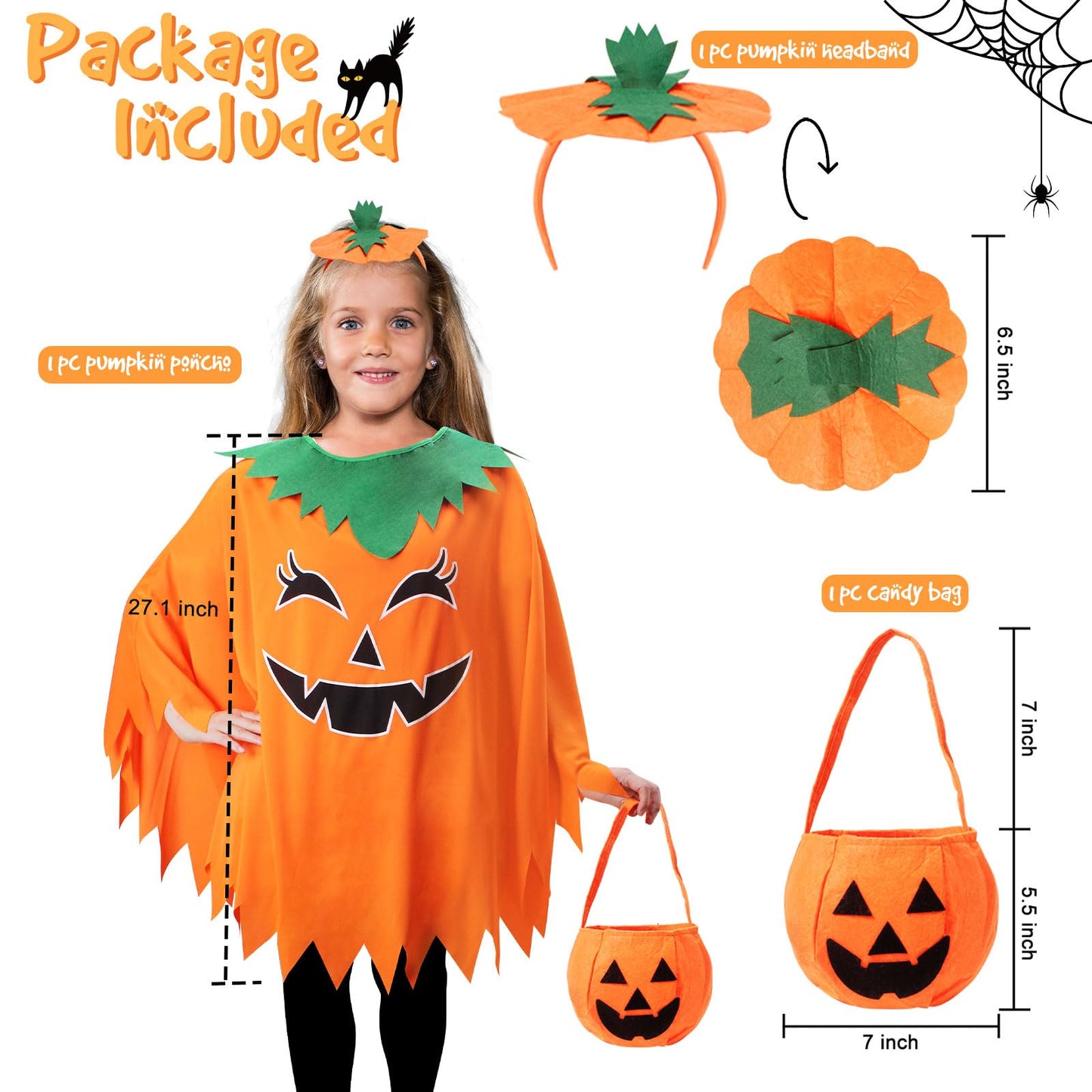 Snwquik Halloween Pumpkin Costume for Kids Girls Glow in the Dark Halloween Costume with Pumpkin Poncho Headband&Bag