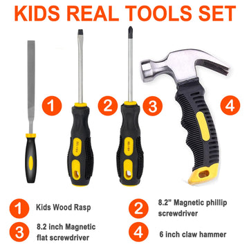 QeeHeng Kids Real Tool Set - 20Pcs Construction Tool with Blue Toolbox and Protective Clothing, Woodworking Tool Set for Beginne