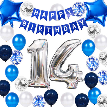 14Th Birthday Party Decoration For Boys, Number 14 Birthday Balloons Happy Birthday Banner Blue 14Th Birthday Latex Confetti Bal