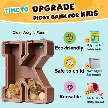 Summidate Wooden Letter Piggy Bank  Extra Thick Large Capacity Piggy Bank for Kids Boys Girls Toddler  Alphabet K Money Bank| Coin Box Birthday  Christmas  Festival