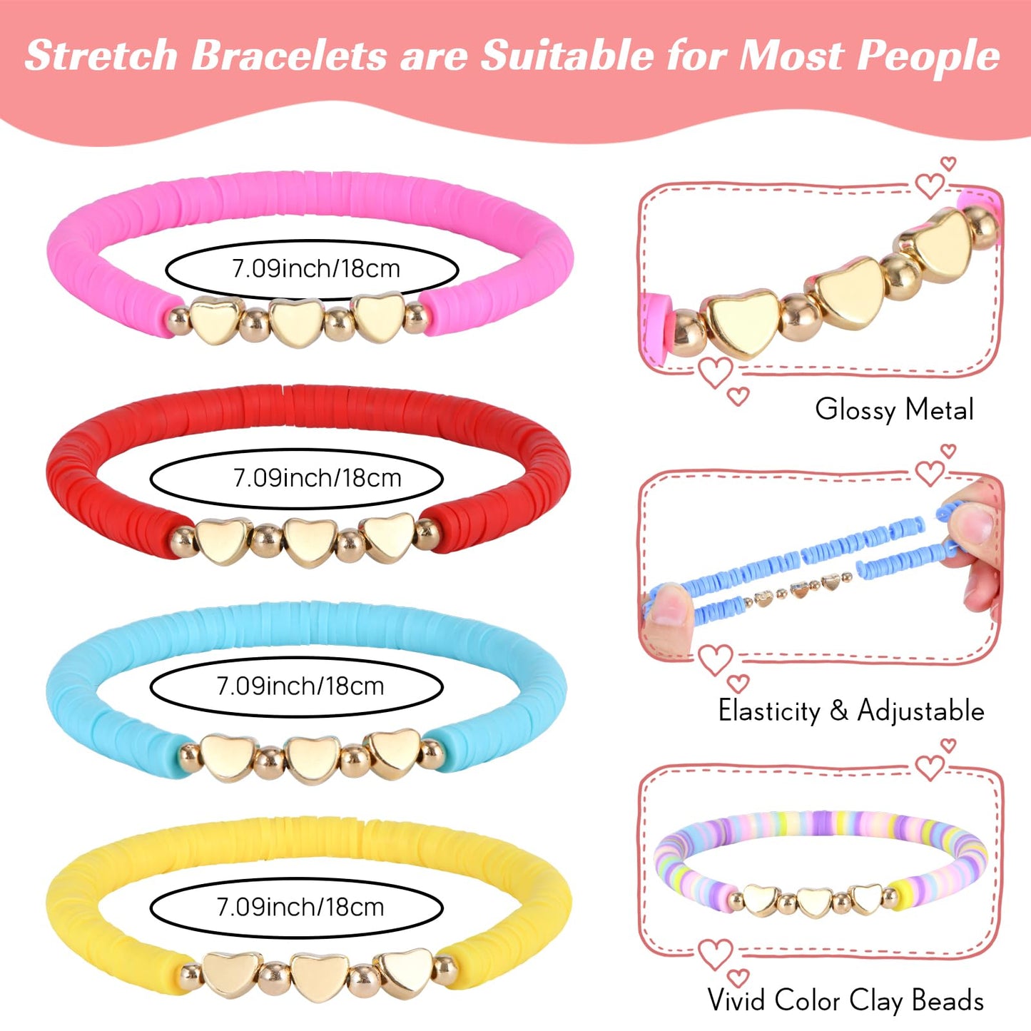 Zhlishqinjj 96 Pcs Colorful Friendship Heart Bracelets, Cute Clay Beads Bracelet Bulk Colorful Heart Friendship Surfer Bracelets