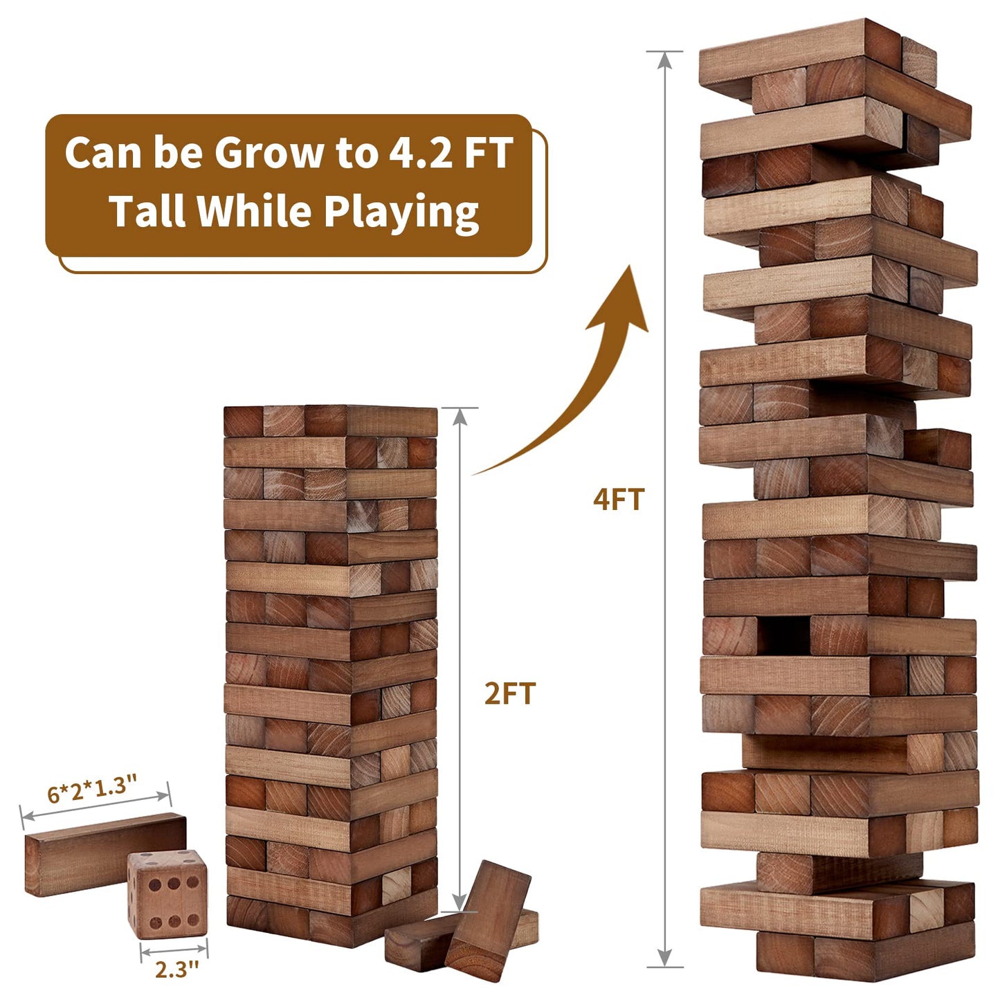 ApudArmis Giant Tumble Tower - 54 PCS Wooden Stacking Game, 4.2FT, Brown, Outdoor Fun for Teens and Adults