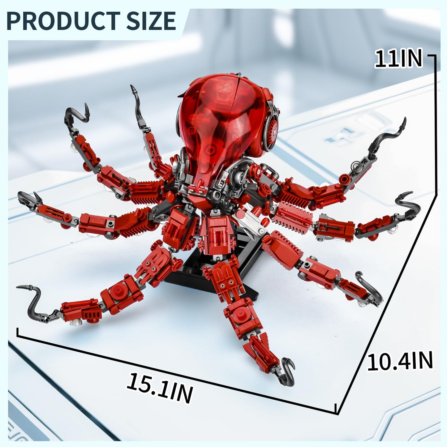 XITALAXU Mechanical Octopus Building Set - 882PCS Large Plastic Toy with Display Stand & Light, Red Ocean Animal Decor for Adults & Teens