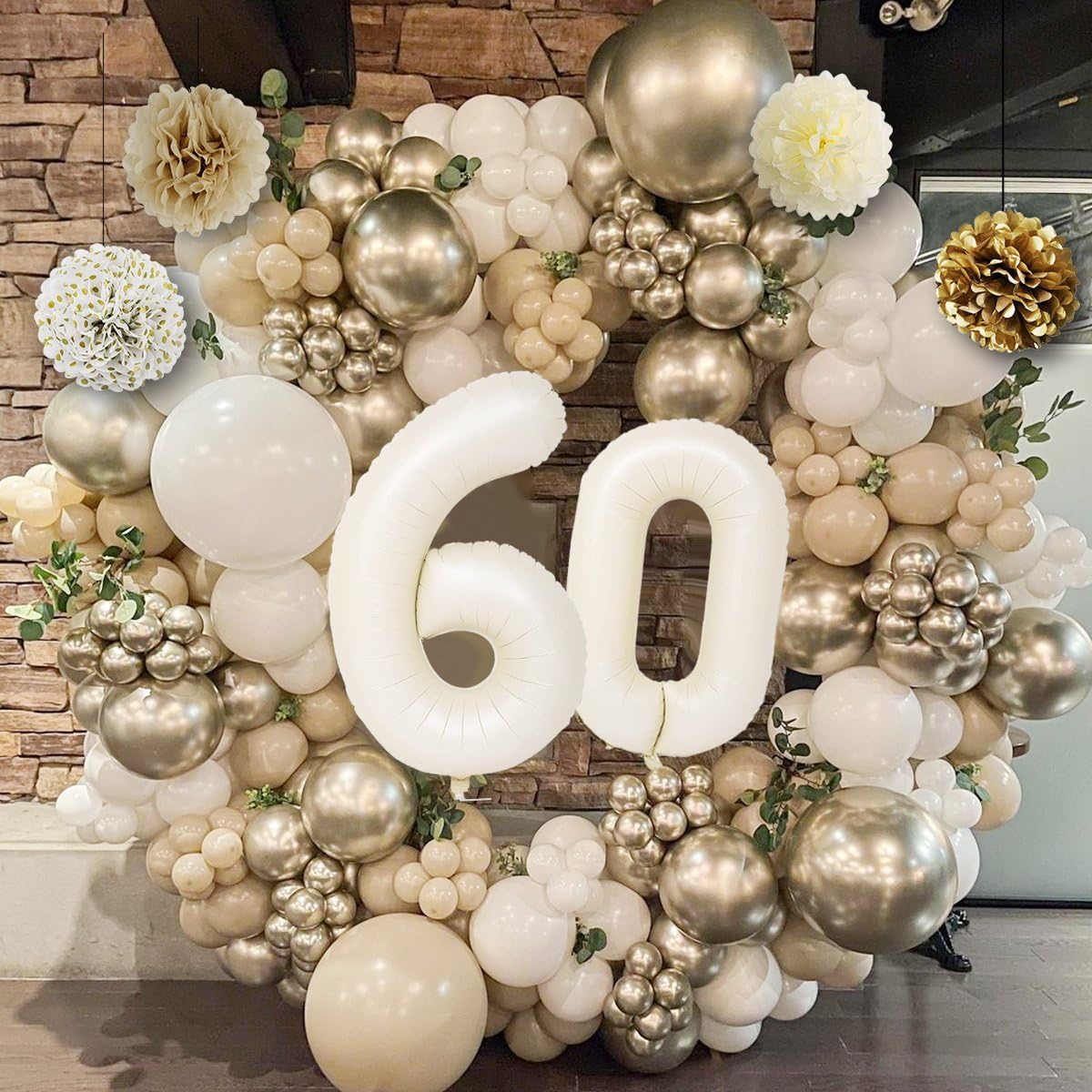 60Th Birthday Decorations, Happy 60Th Birthday Decorations White And Gold Balloons Happy Birthday Banner Tablecloth Fringe Curta