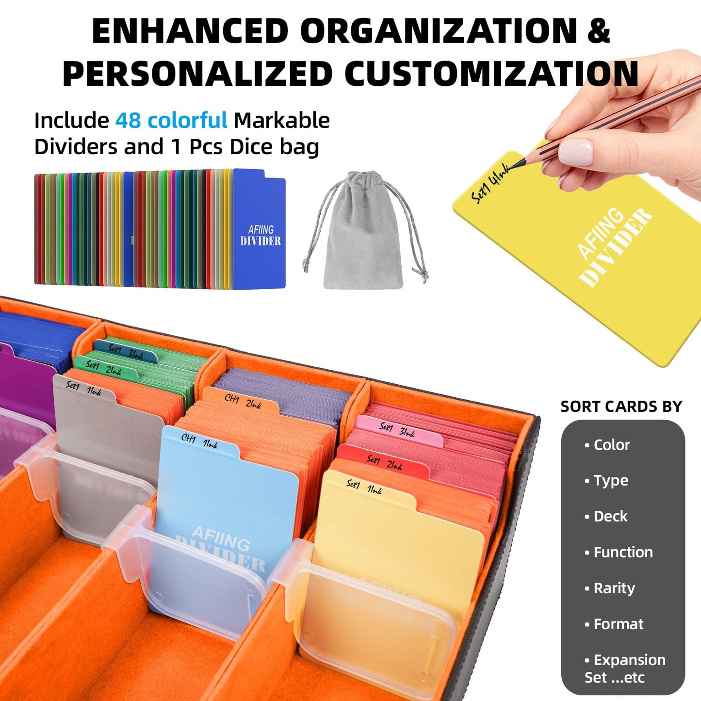 Afiing 4-Row Trading Card Storage Box - Holds 3200+ Cards, 48 Dividers & 4 Stoppers, Card Deck Box For Mtg Tcg Sports Cards - In