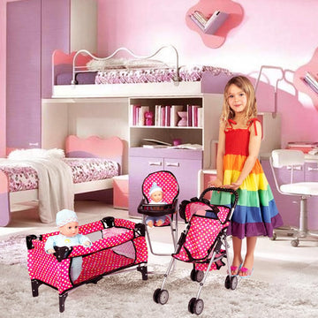 fash n kolor Doll Play Set - 3 in 1 Set with Stroller & High Chair for 18'' Dolls - Polka Dot - Model 4607