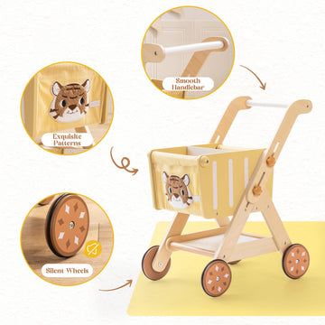 ROBOTIME Wooden Shopping Cart Toy - Height-Adjustable Push Walker for Toddlers, 15.4x11.9x20.9 inches, Yellow, Model WRP171