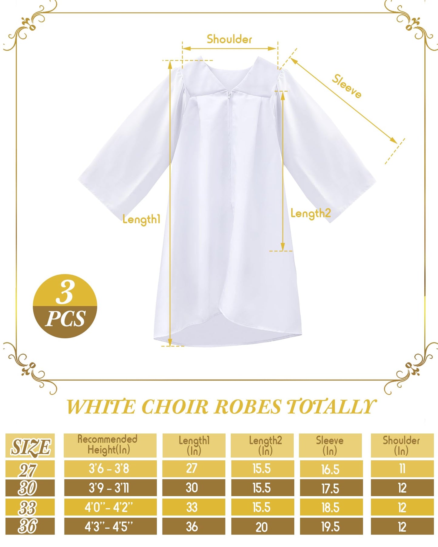 Toulite 3 Pcs Unisex Matte Choir Robes Kids Graduation Gown for School Judge Robes Costume for Baptism Church Event Pastor(Size