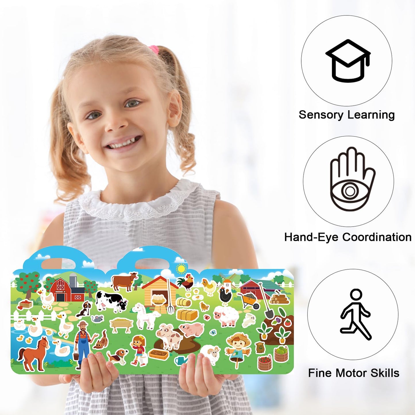 Reusable Sticker Books For Kids 2-4, Stickers For Toddlers 2-4 Years, 53Pcs Farm Reusable Stickers For Boys Girls Church Airplane Car Travel Activities