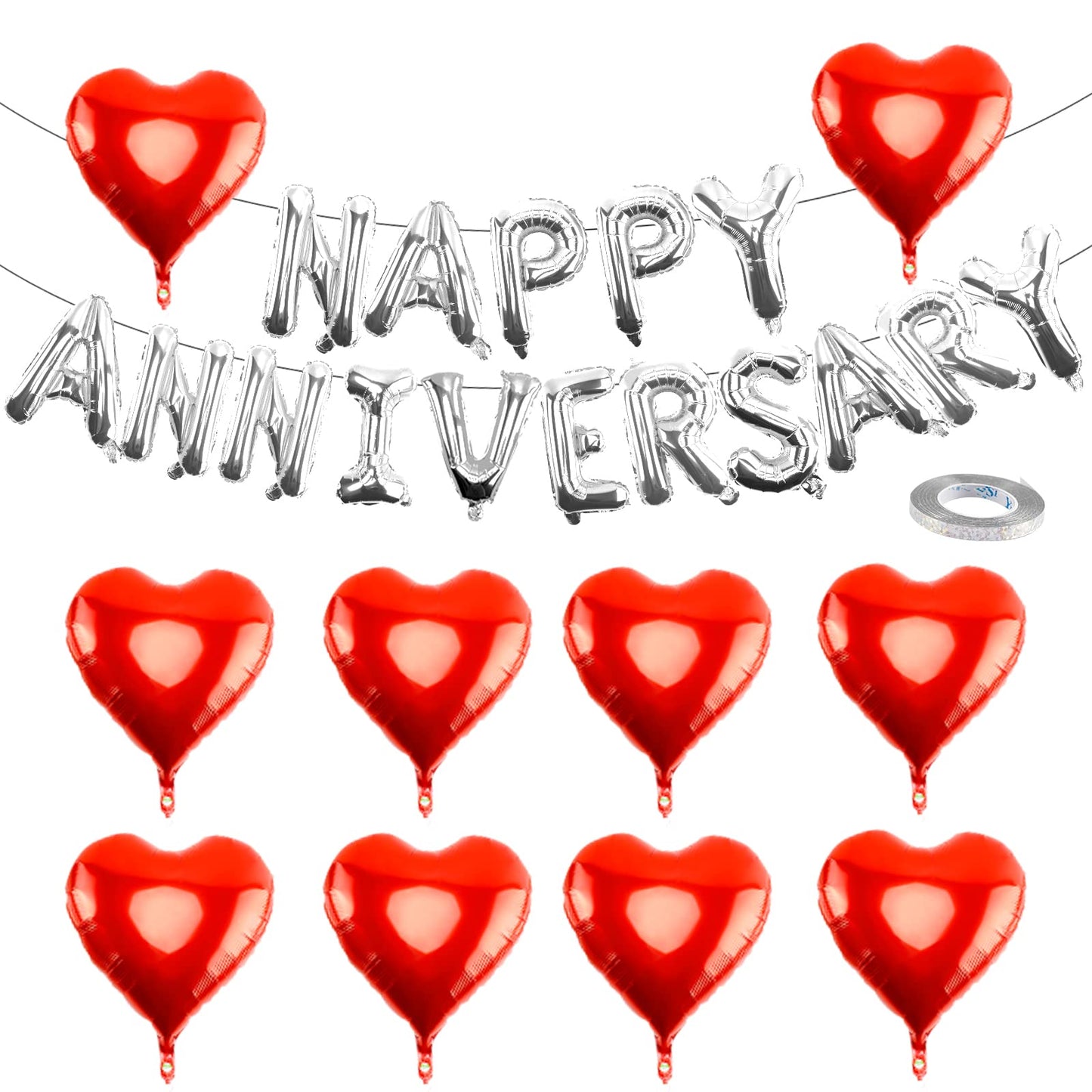 EWUHRY Happy Anniversary Balloons - 16" Silver Letters Banner & 18" Heart Balloons, Wedding Party Decor