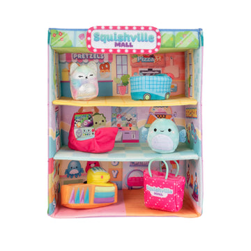 Squishville By Squishmallows Sqm0158 Mall-Two 2” Mini-Squishmallow Plush Characters, Themed Play Scene, Plus 4 Accessories Bag, Shopping Cart, Cash Register, Arcade Machine, Multi