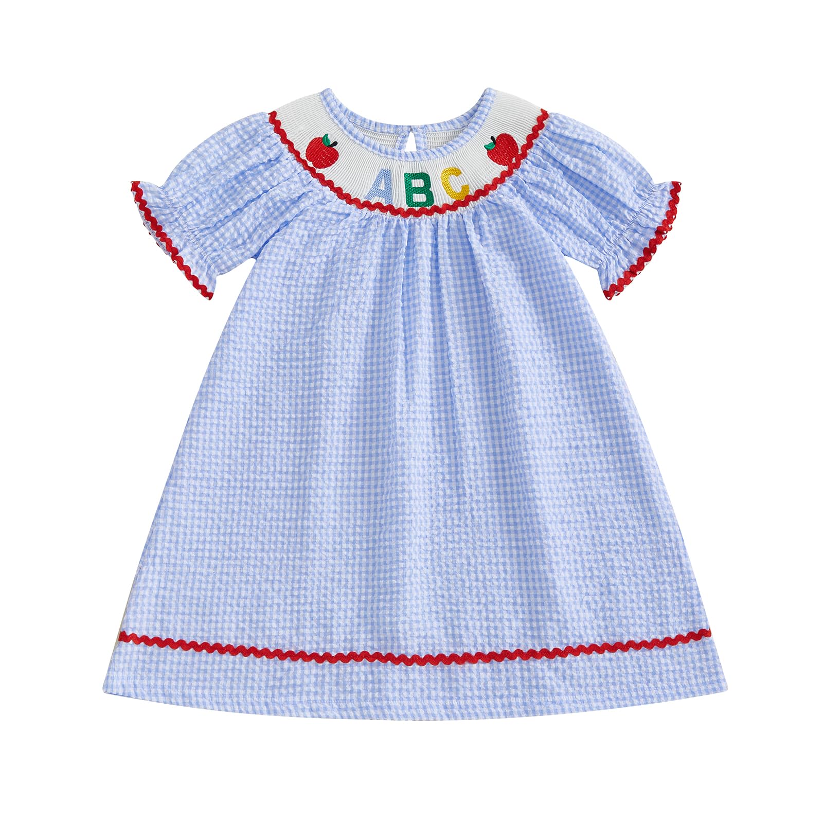 Toddler Girl Back To School Clothes Embroidery Smocked Dress Doll Collar Sundress First Day Of Pre Kindergarten Outfit (Plaid Ab