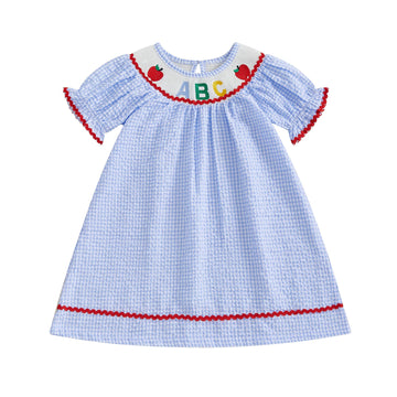 Toddler Girl Back To School Clothes Embroidery Smocked Dress Doll Collar Sundress First Day Of Pre Kindergarten Outfit (Plaid Ab