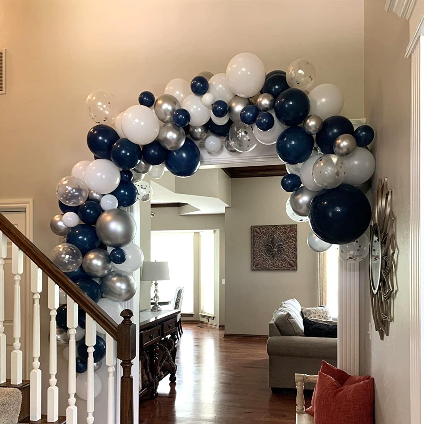 Navy Blue And Silver Balloons, Pearl Navy Blue Metallic Silver Latex Balloons Set Decor With 12 Inch Silver Blue Confetti Balloo