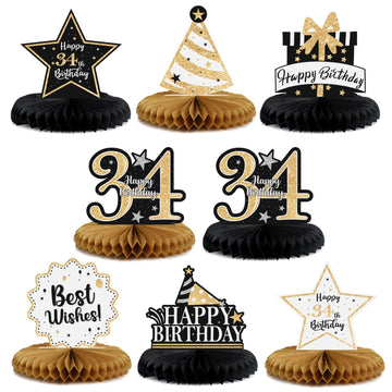 LASKYER Happy 34th Birthday Party Decorations, Glitter Shiny Honeycomb Table Centerpieces 34 Years Old Birthday Party Photoprop 