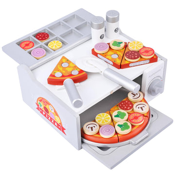 Wooden Pizza Toy for Kids, Toddlers Pizza Counter Playset, Pretend Play Food Set Kitchen Accessories with Bake Oven, Gifts for 3