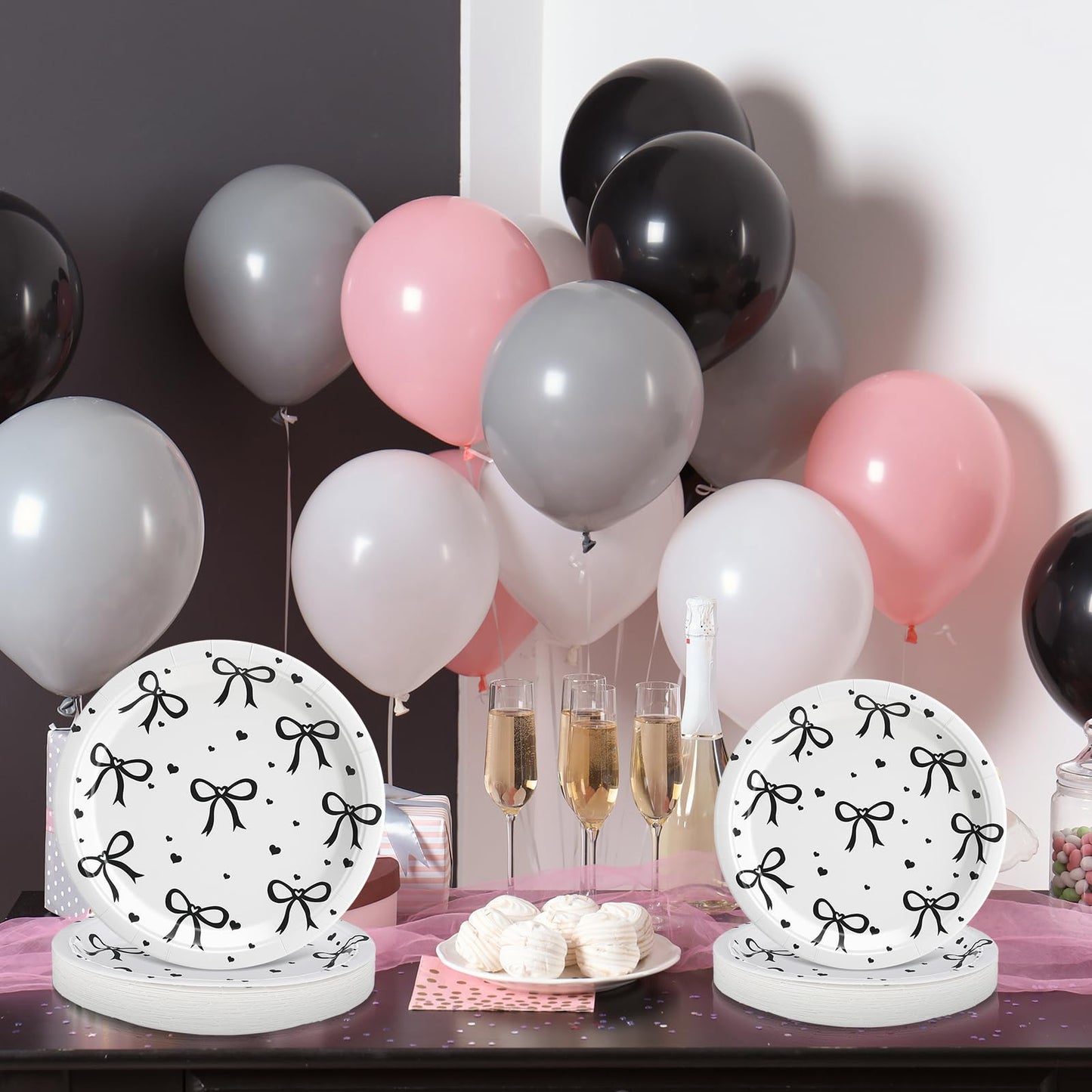 Sieral 60 Pcs Coquette Bow Party Plates 9 7 Black and Pink Bow Paper Plates Birthday Decorations Bridal Shower Bachelorette