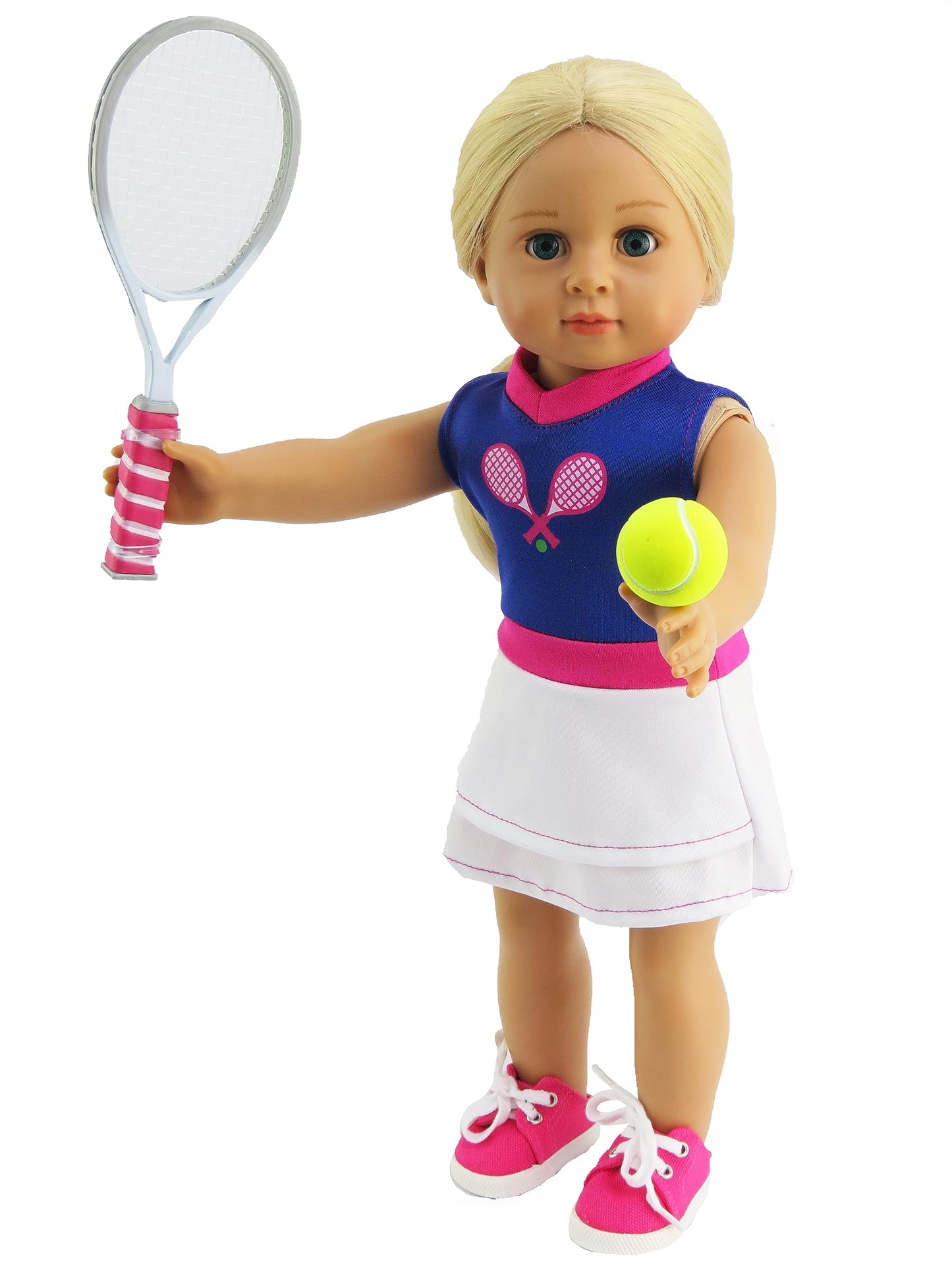 American Fashion World Purple & White Tennis Outfit Set for 18-inch Dolls| 5 Piece Set | enhanced Quality & Trendy Design | Dolls Clothes | Outfit Fashions for Dolls for Popular Brands