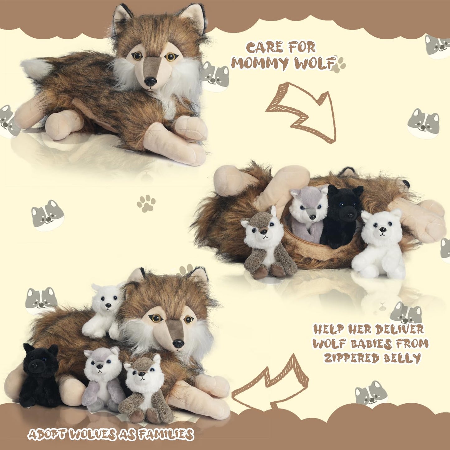 XYHQYB 5 Pcs Wolf Stuffed Animal Plush Toy Set - 16 Mommy Wolf with 4 Baby Wolves, Cute Gift for Kids, Easter and Birthday Decoration