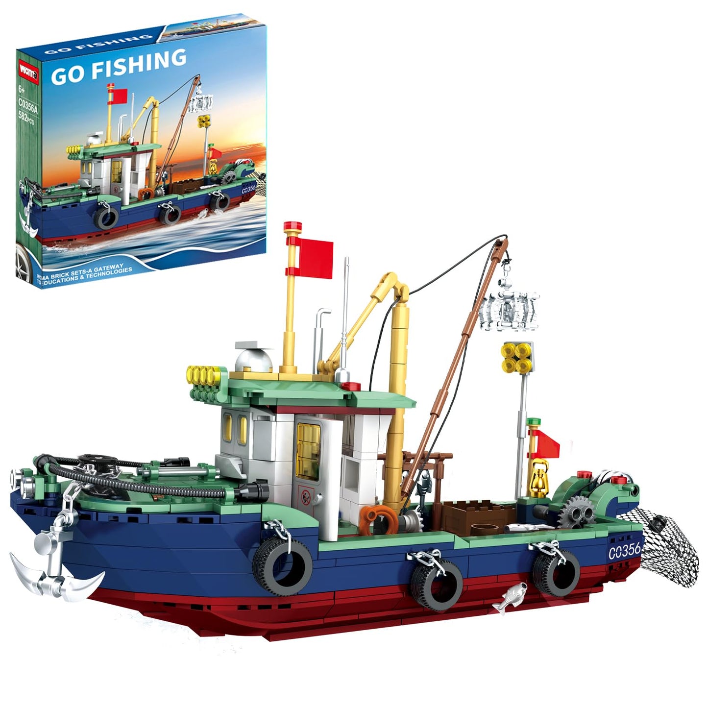 Wvinvw Fishing Boat Building Blocks Sets, Compatible With Lego Boat Sea Fishing Building Blocks Toy Set Collection Decoration, G
