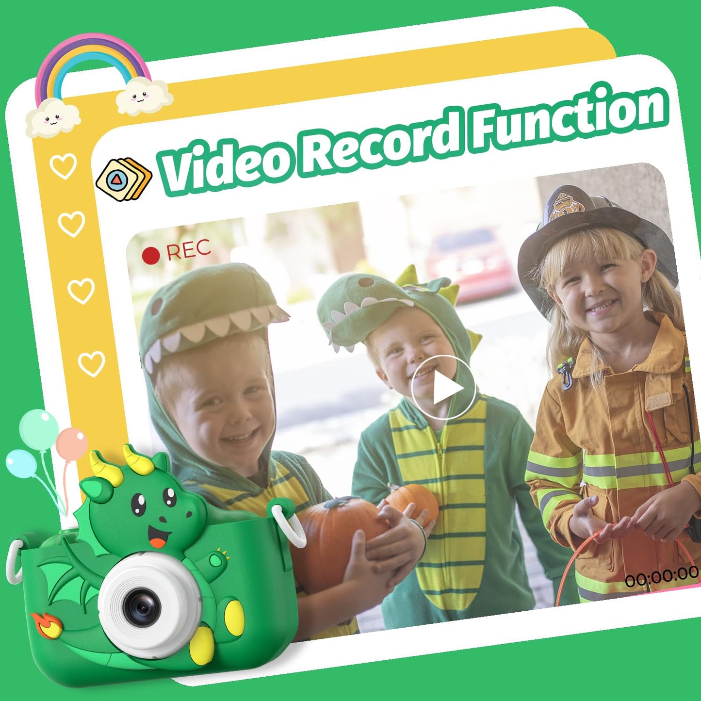 goopow Kids Selfie Camera Toy - Digital Video Camera for Girls Age 3-9, Green-H25, Small, Includes 32GB SD Card, ABS Material